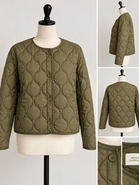 New Lightly Padded Olive\Khaki Green Quilted Button-Front Short Jacket